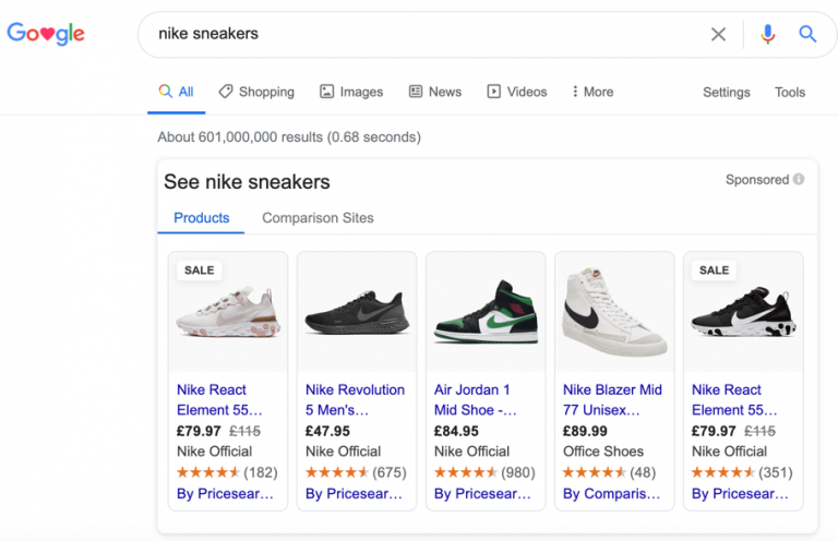 Google Shopping (Product ads) for Nike Sneakers Example